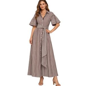 Luisa Spagnoli Striped Belted Maxi Shirt Dress IT Large US 8/10‎ Cotton Italy